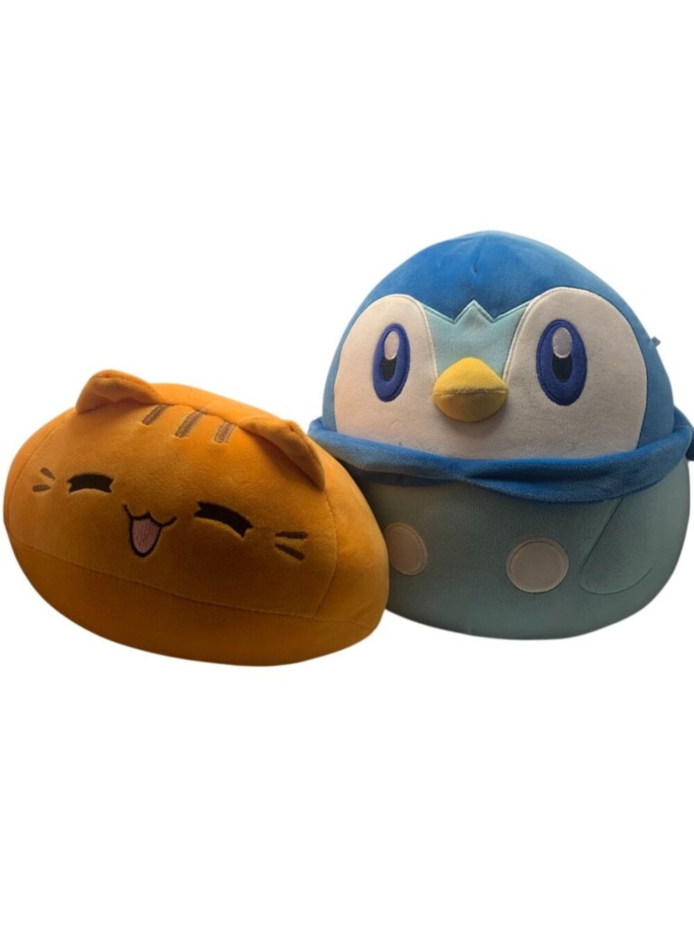 Plush Cat & Penguin Character Pillow Set - Soft Stuffed Animal Toys - Orange & B